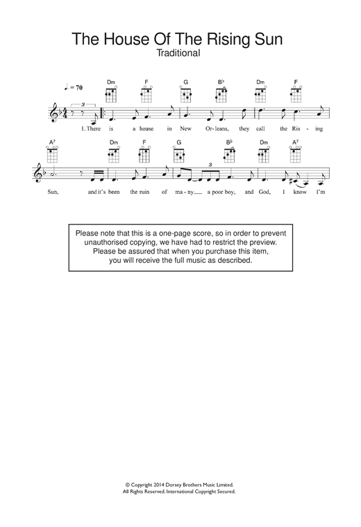Download The Animals House Of The Rising Sun Sheet Music