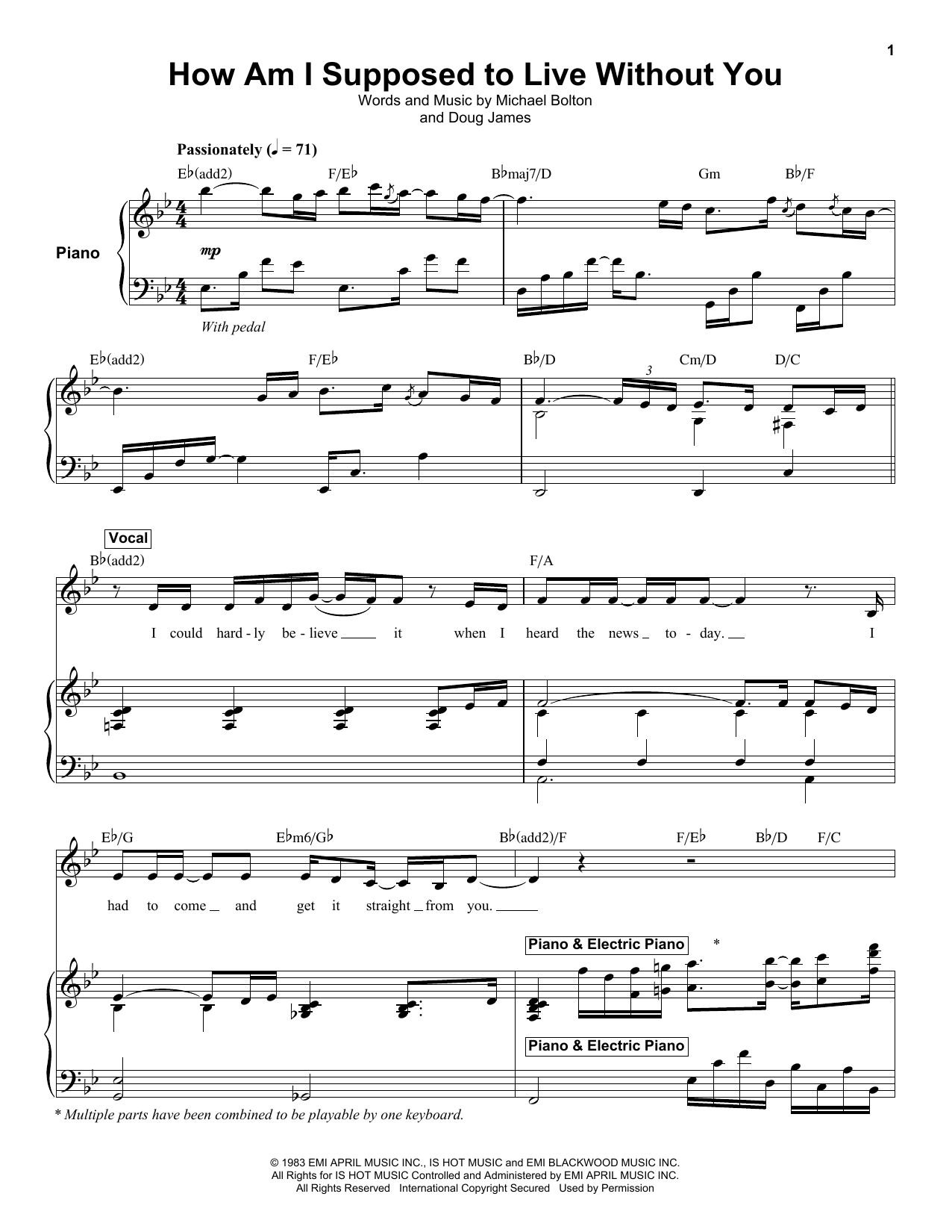 Download Michael Bolton How Am I Supposed To Live Without You Sheet Music