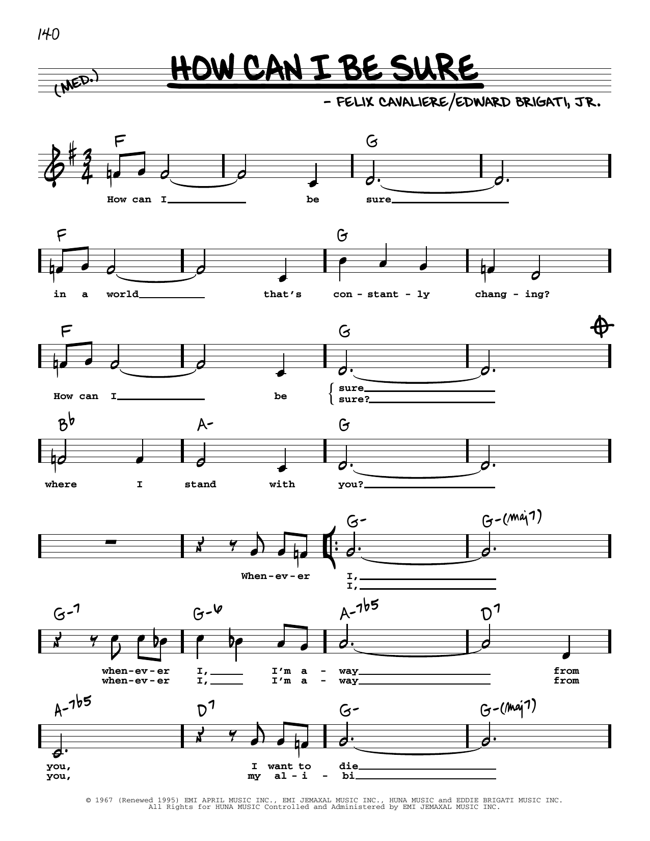 Download The Young Rascals How Can I Be Sure (High Voice) Sheet Music