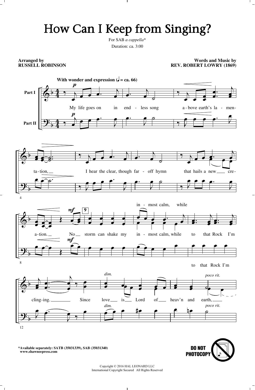 Download Russell Robinson How Can I Keep From Singing? Sheet Music