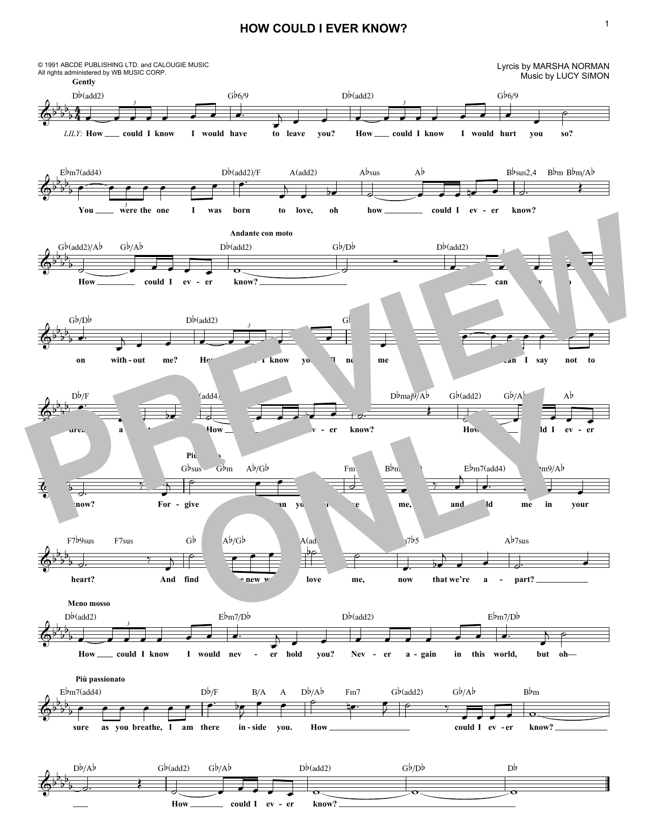 Download Lucy Simon How Could I Ever Know? Sheet Music