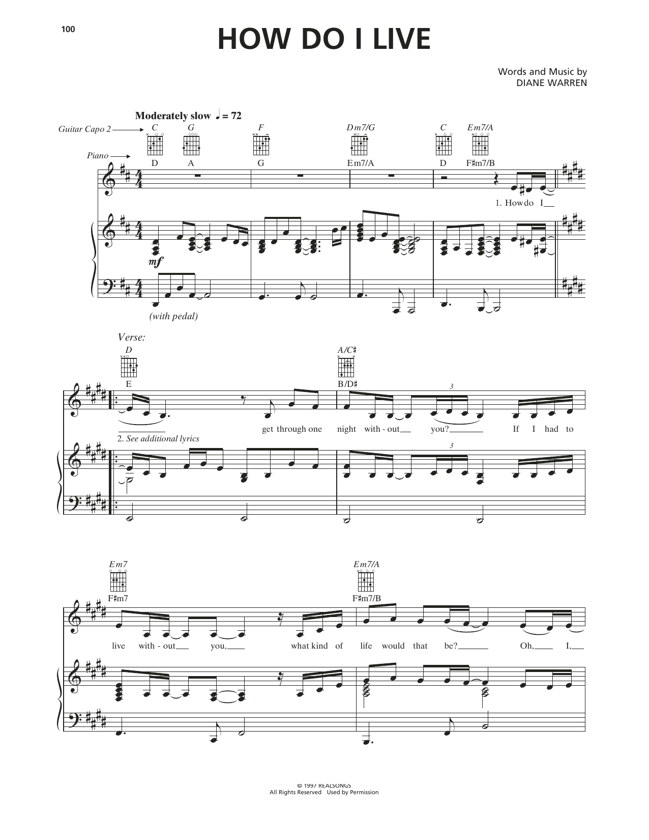 LeAnn Rimes How Do I Live sheet music notes printable PDF score