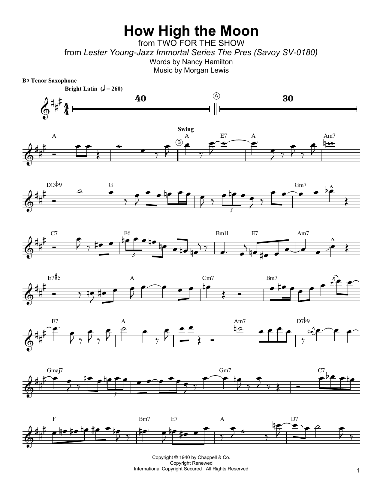 Download Lester Young How High The Moon Sheet Music