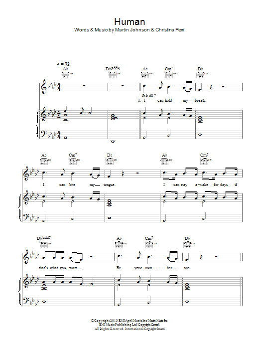 Christina Perri Human sheet music notes printable PDF score