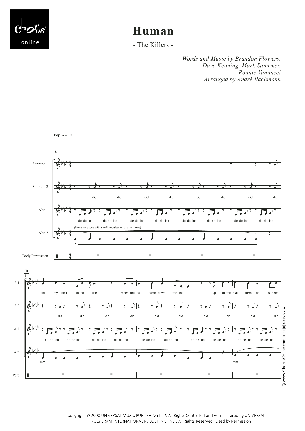 The Killers Human (arr. André Bachmann) sheet music notes printable PDF score