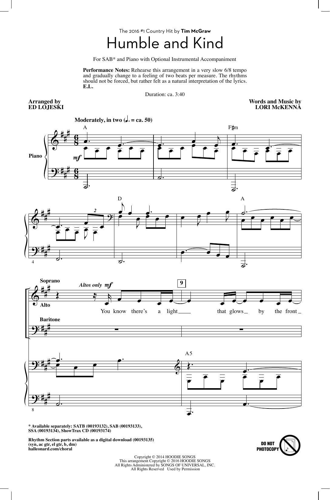 Download Tim McGraw Humble And Kind (arr. Ed Lojeski) Sheet Music