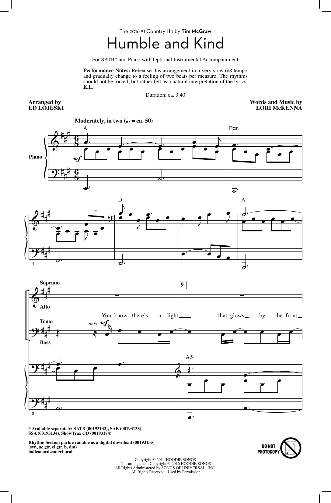 Download Tim McGraw Humble And Kind (arr. Ed Lojeski) Sheet Music