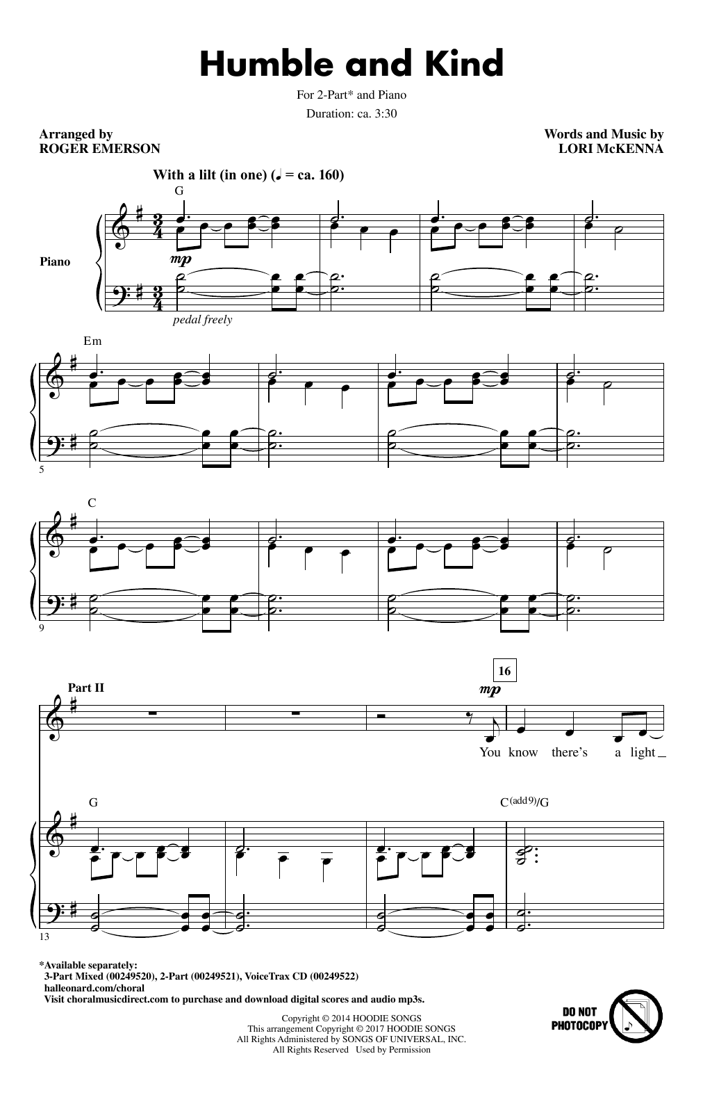 Download Tim McGraw Humble And Kind (arr. Roger Emerson) Sheet Music