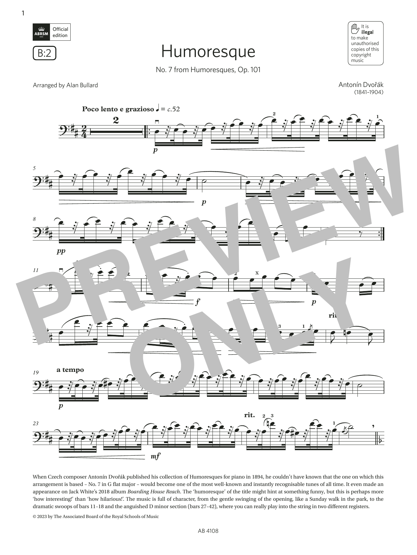 Antonín Dvořák Humoresque (Grade 5, B2, from the ABRSM Cello Syllabus from 2024) sheet music notes printable PDF score