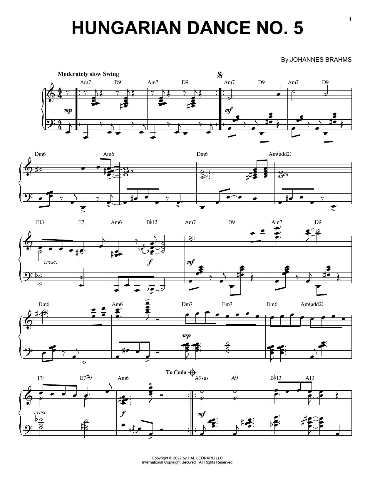 Download Johannes Brahms Hungarian Dance No. 5 [Jazz version] (a Sheet Music