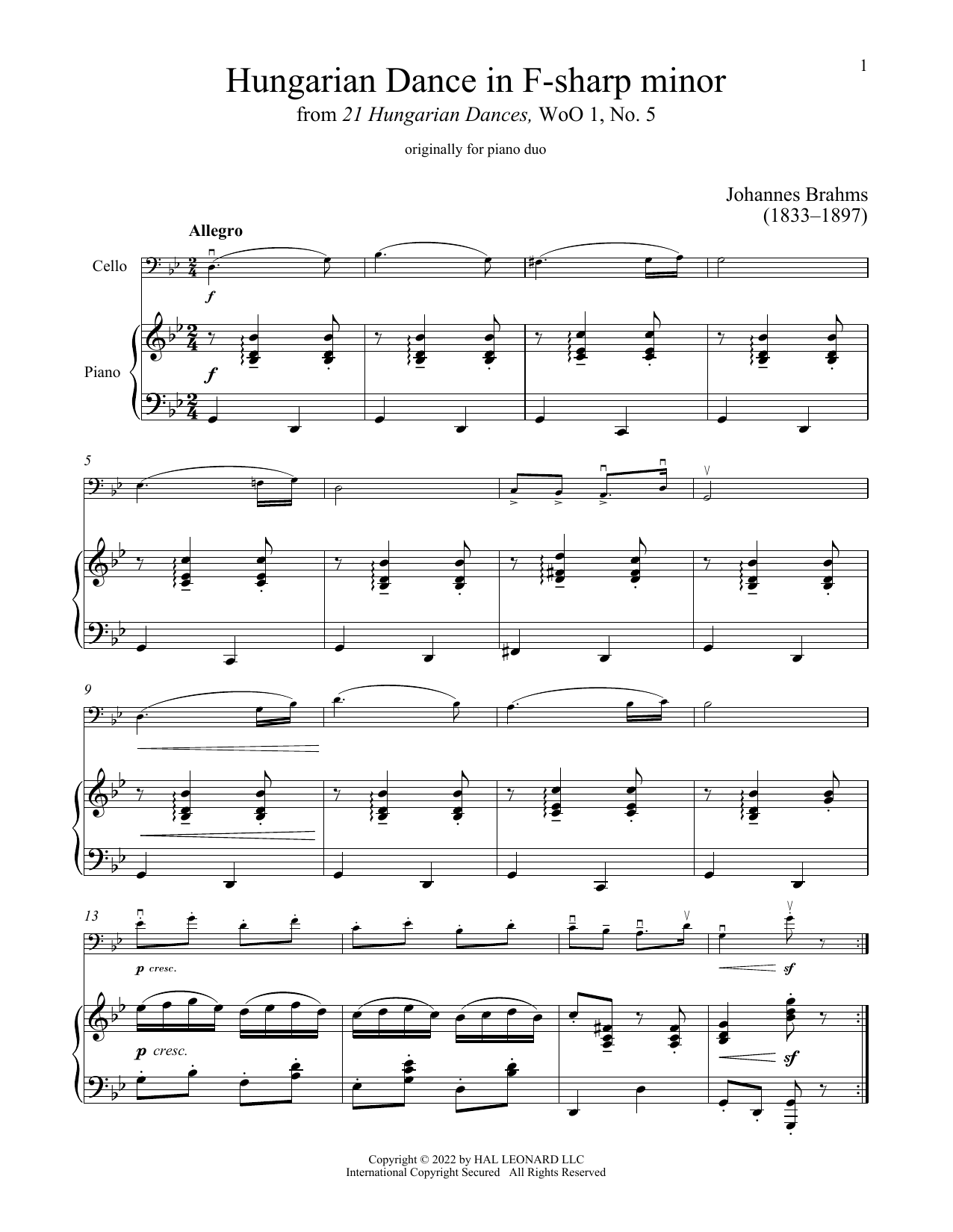 Download Johannes Brahms Hungarian Dance No. 5 Sheet Music