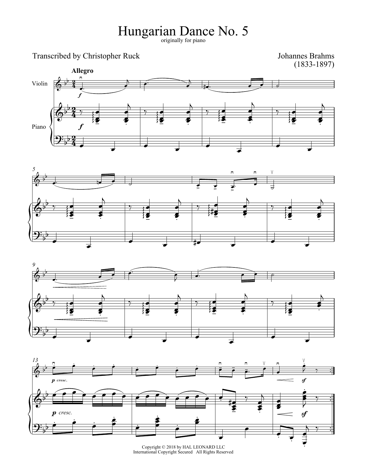 Download Johannes Brahms Hungarian Dance No. 5 Sheet Music