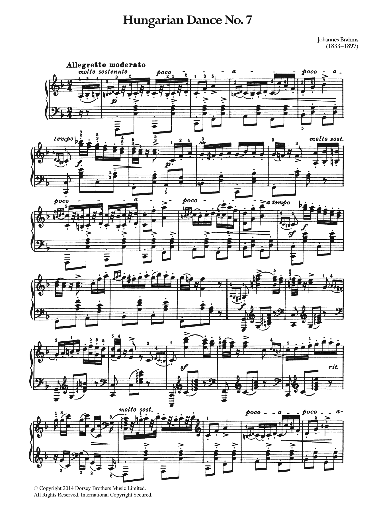 Download Johannes Brahms Hungarian Dance No.7 Sheet Music