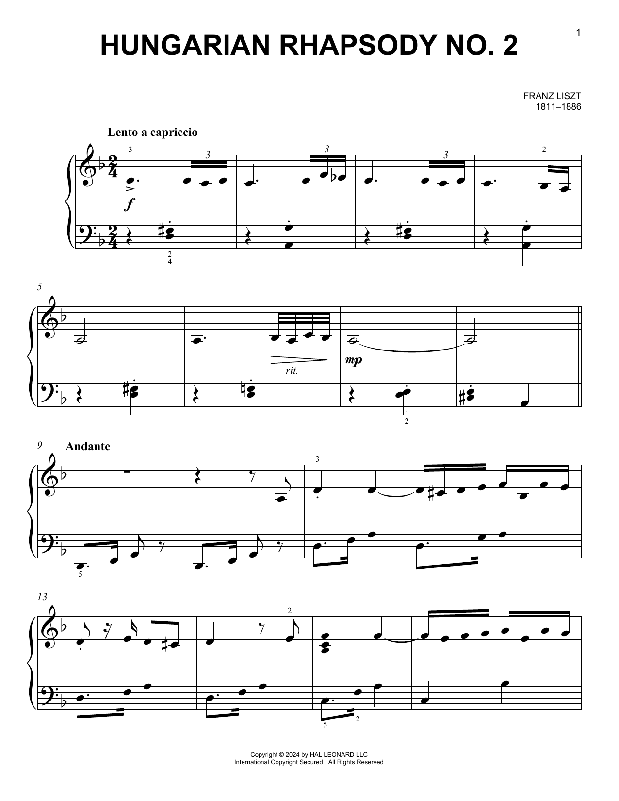 Franz Liszt Hungarian Rhapsody No. 2 sheet music notes printable PDF score