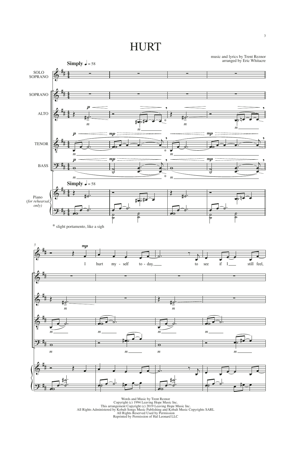 Download Trent Reznor Hurt (arr. Eric Whitacre) Sheet Music