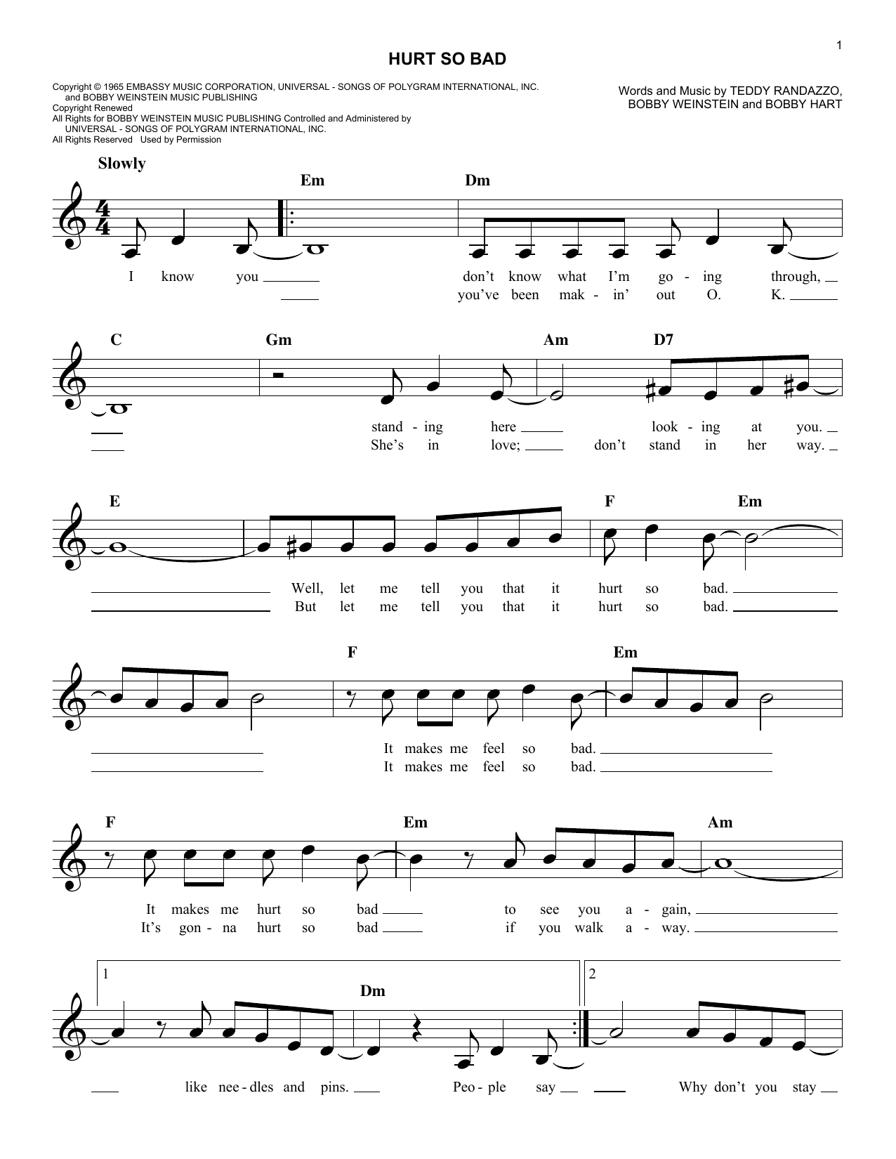 Download Little Anthony & The Imperials Hurt So Bad Sheet Music