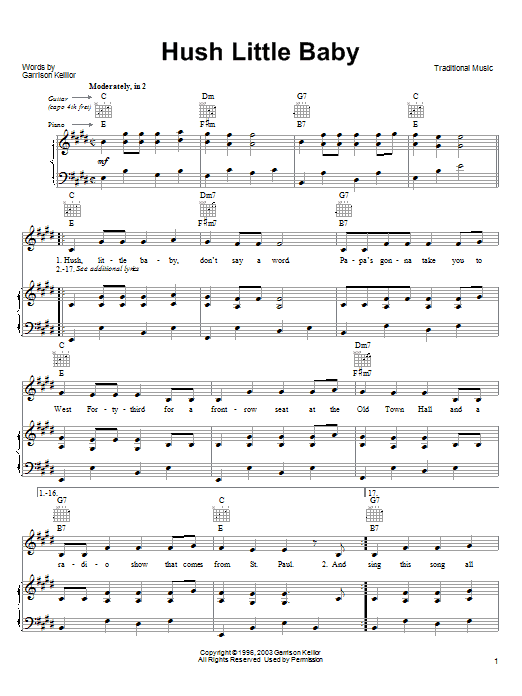 Garrison Keillor Hush Little Baby sheet music notes printable PDF score