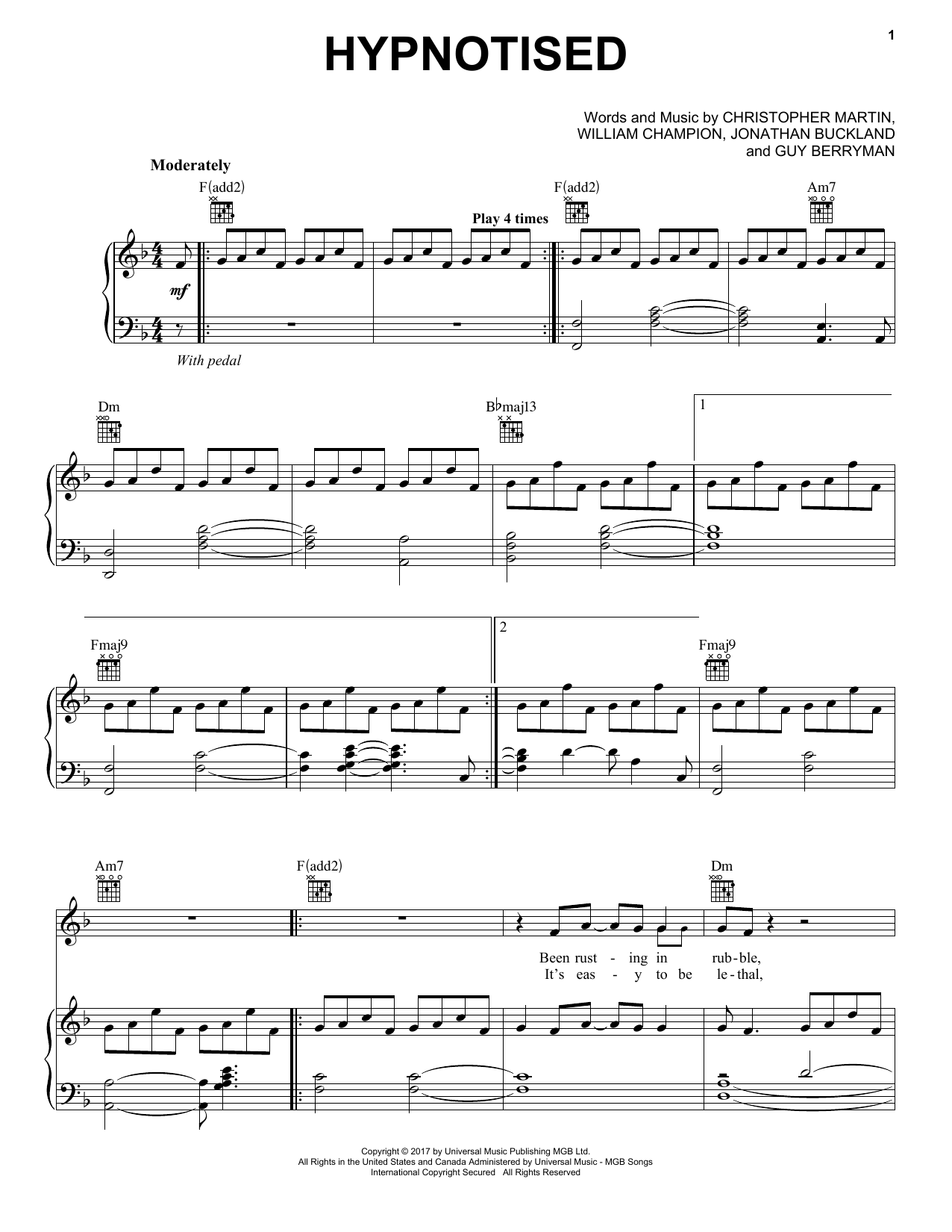Download Coldplay Hypnotised Sheet Music