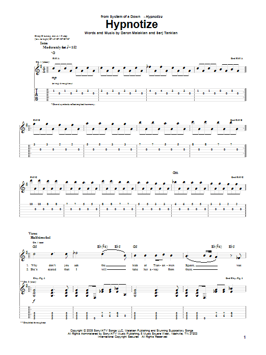 Download System Of A Down Hypnotize Sheet Music