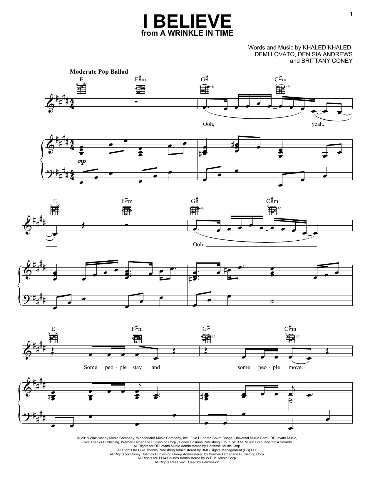 Download DJ Khaled and Demi Lovato I Believe (from A Wrinkle In Time) Sheet Music