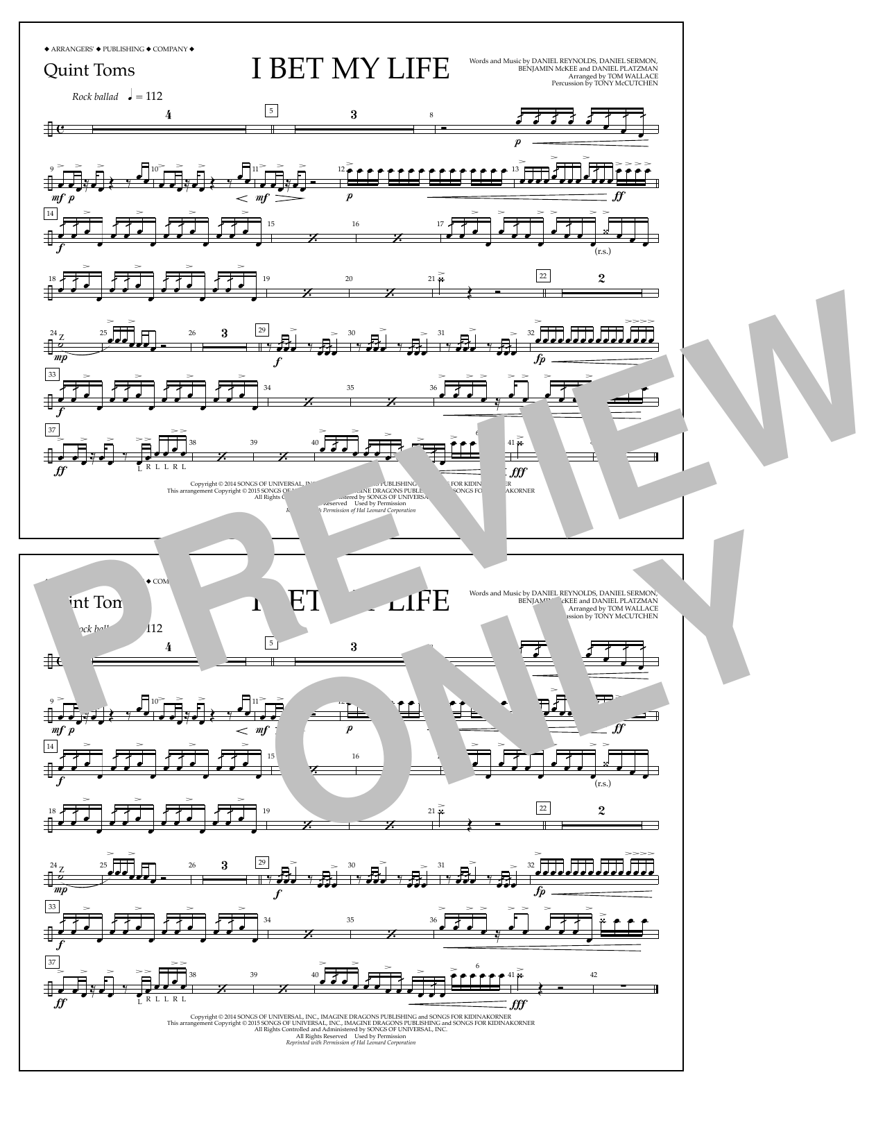 Download Tom Wallace I Bet My Life - Quint-Toms Sheet Music