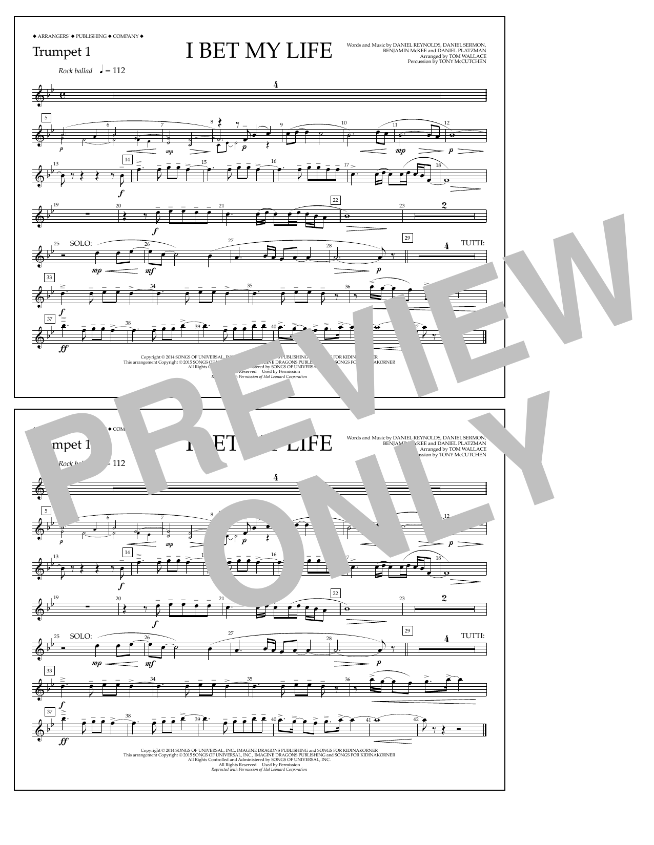 Download Tom Wallace I Bet My Life - Trumpet 1 Sheet Music
