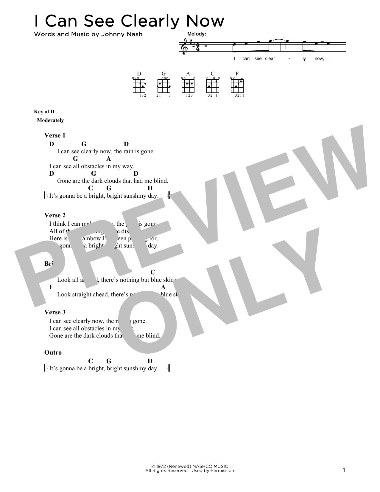 Download Johnny Nash I Can See Clearly Now Sheet Music