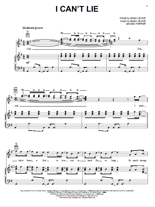 Download Maroon 5 I Can't Lie Sheet Music