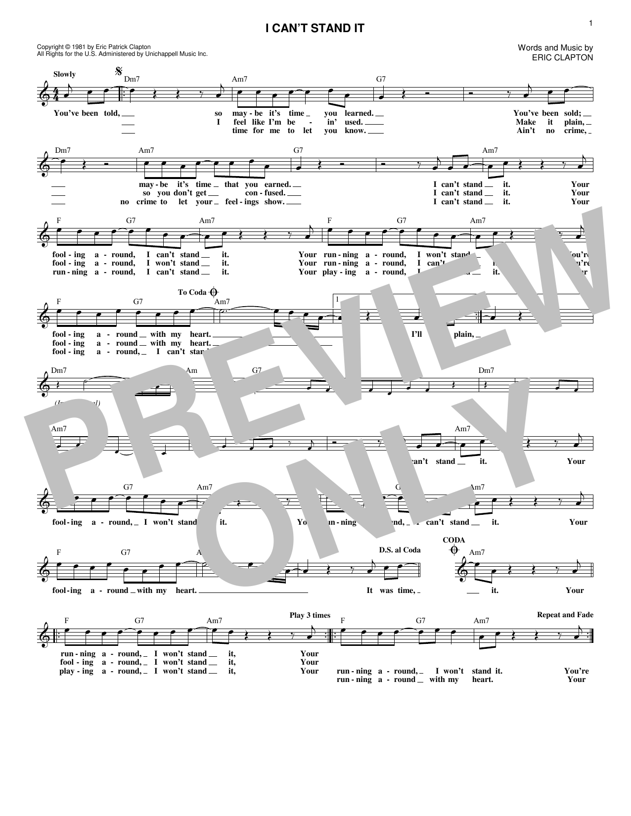 Download Eric Clapton I Can't Stand It Sheet Music