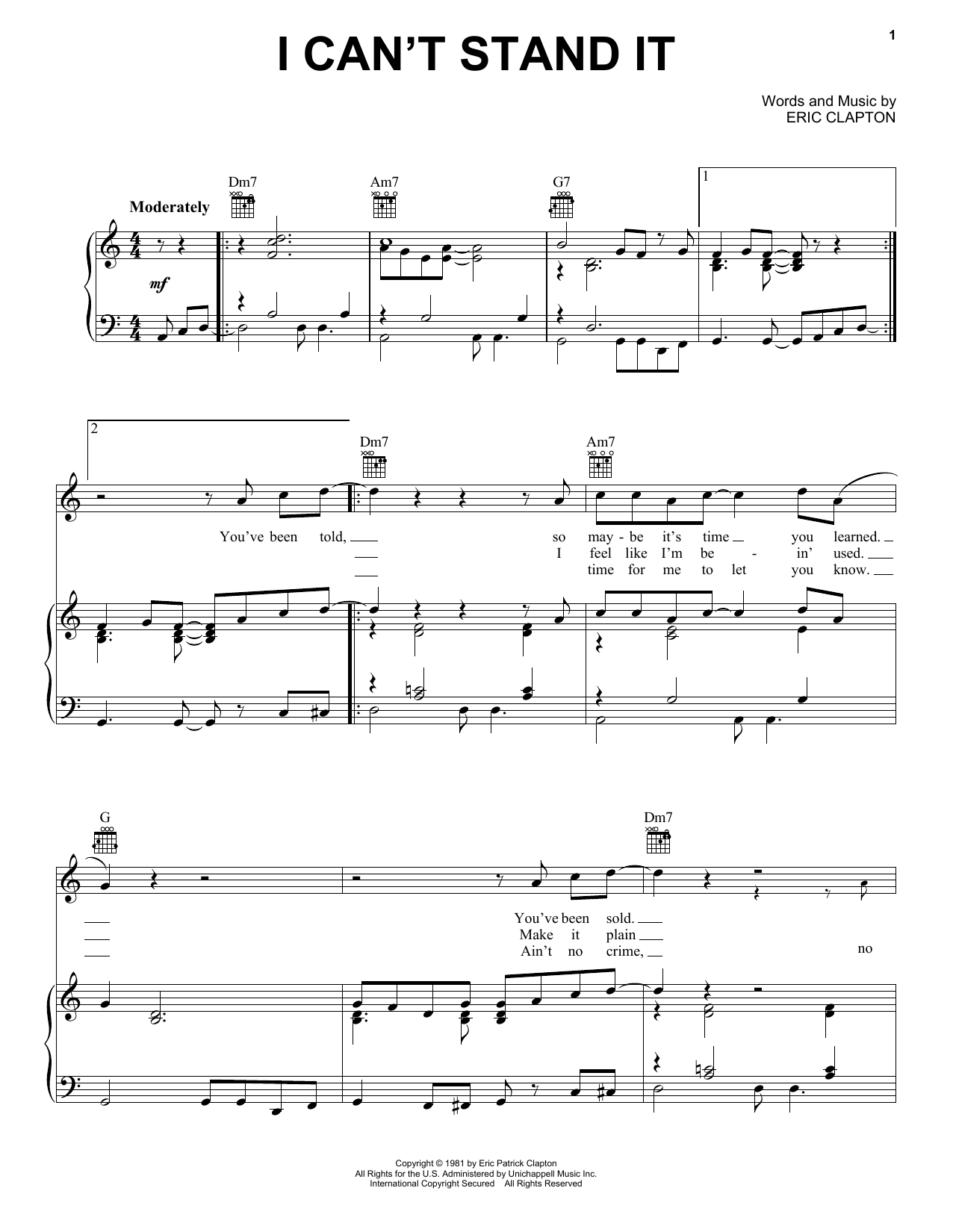 Download Eric Clapton I Can't Stand It Sheet Music