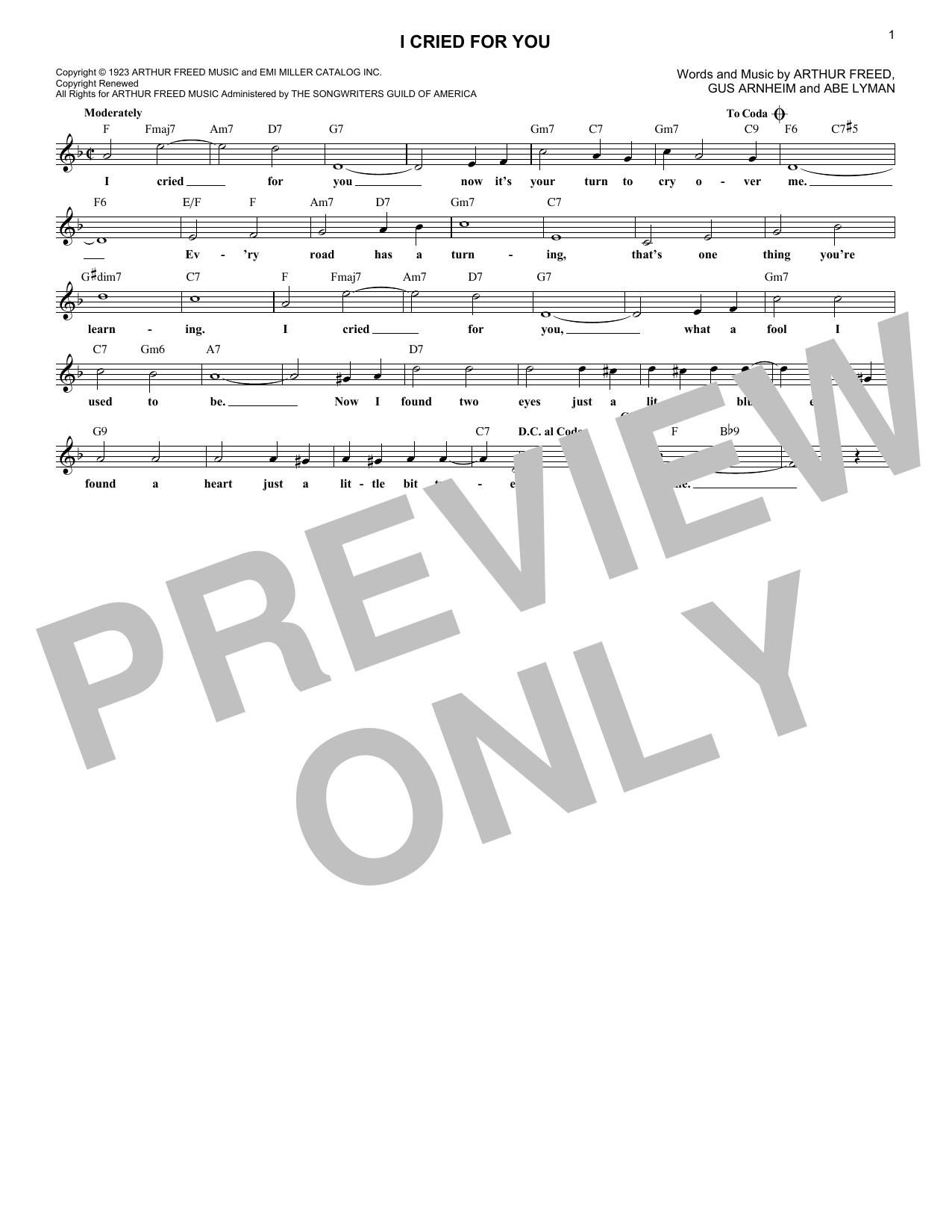 Download Abe Lyman I Cried For You Sheet Music