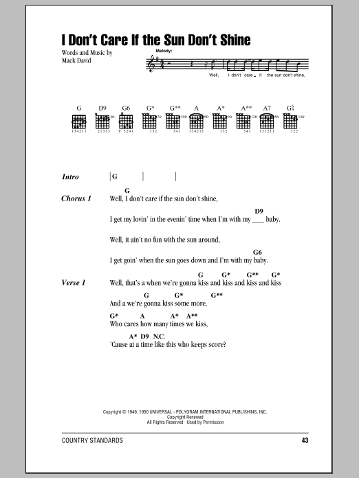 Download Elvis Presley I Don't Care If The Sun Don't Shine Sheet Music