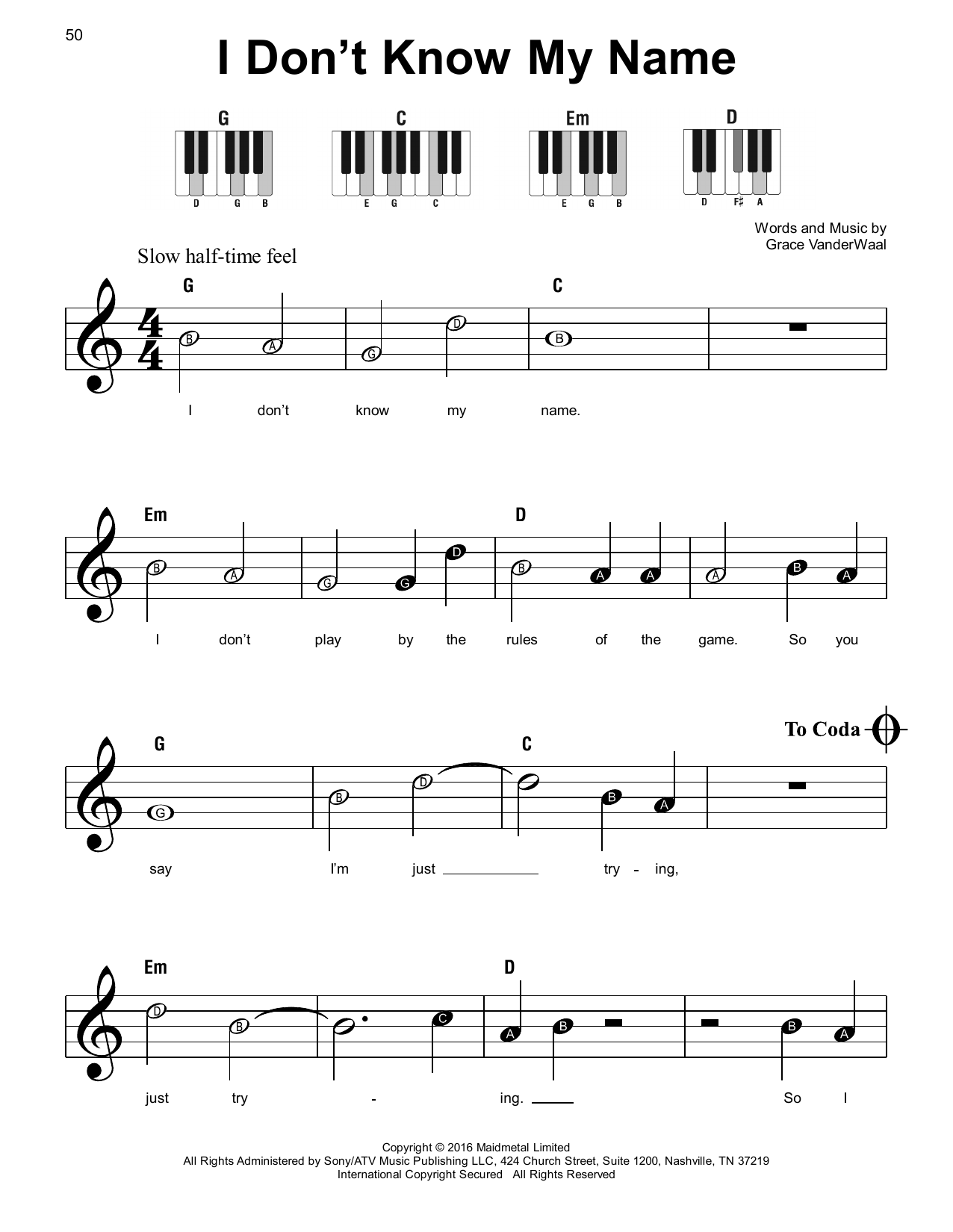 Download Grace VanderWaal I Don't Know My Name Sheet Music