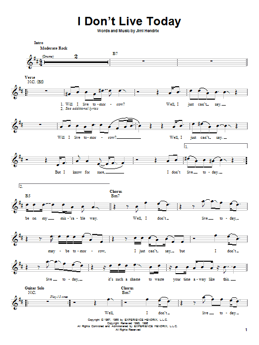 Download Jimi Hendrix I Don't Live Today Sheet Music