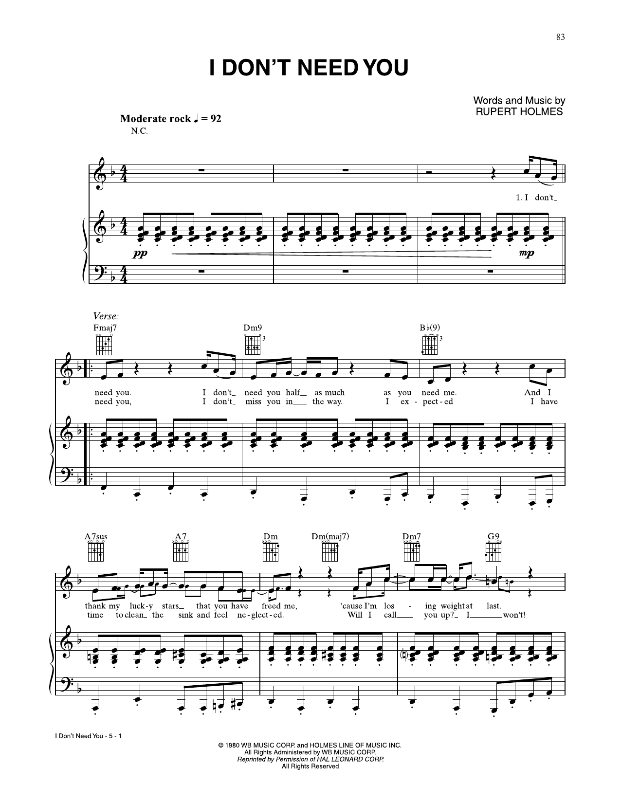 Download Rupert Holmes I Don't Need You Sheet Music