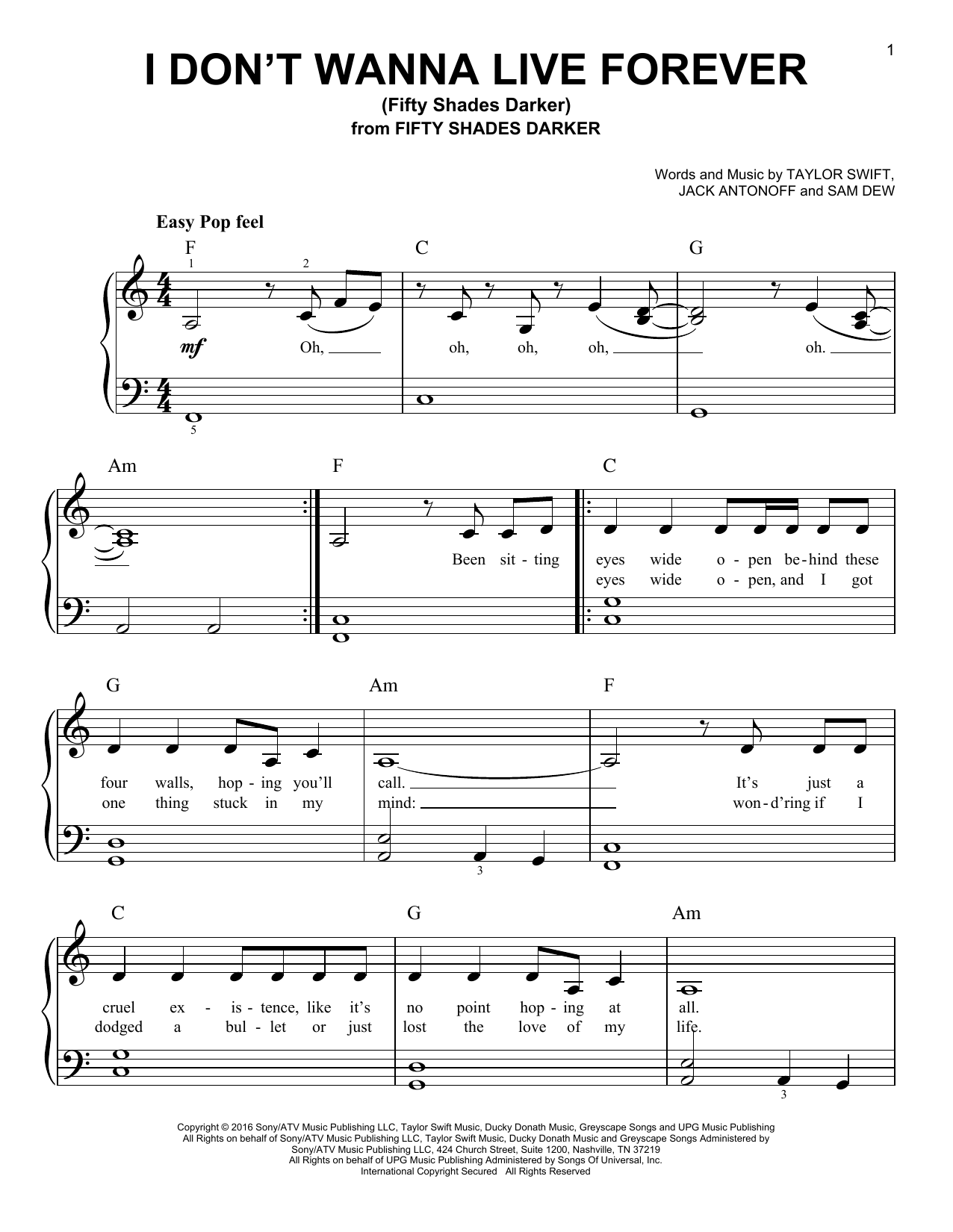 Download Zayn and Taylor Swift I Don't Wanna Live Forever (Fifty Shade Sheet Music