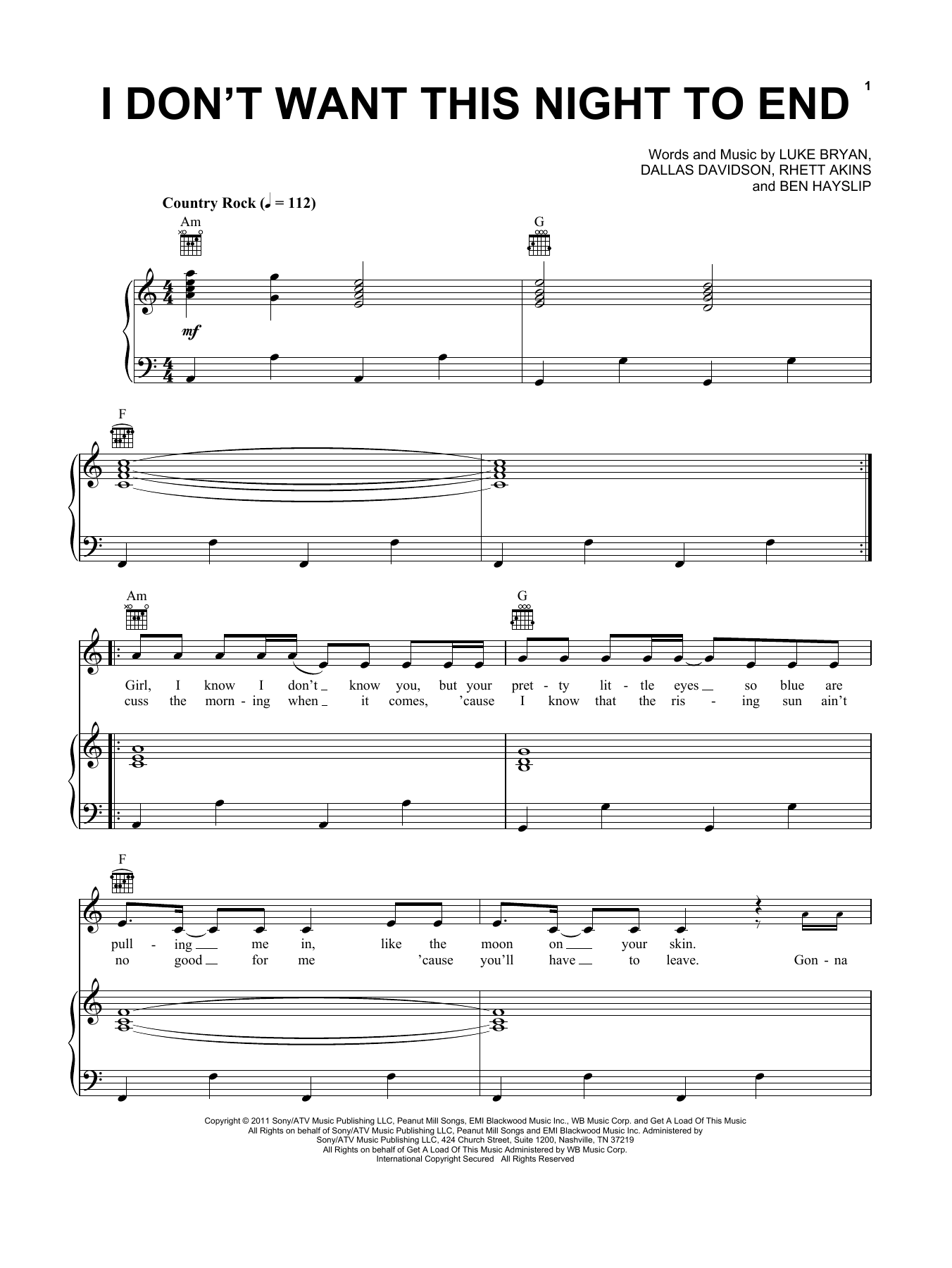 Download Luke Bryan I Don't Want This Night To End Sheet Music