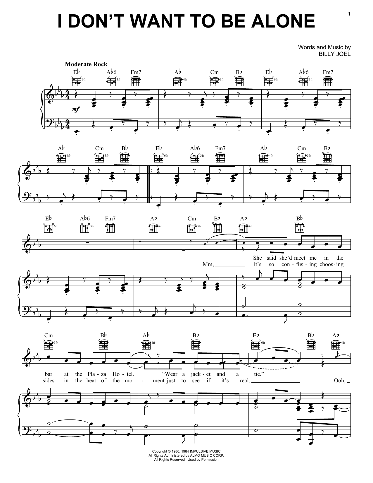 Download Billy Joel I Don't Want To Be Alone Sheet Music