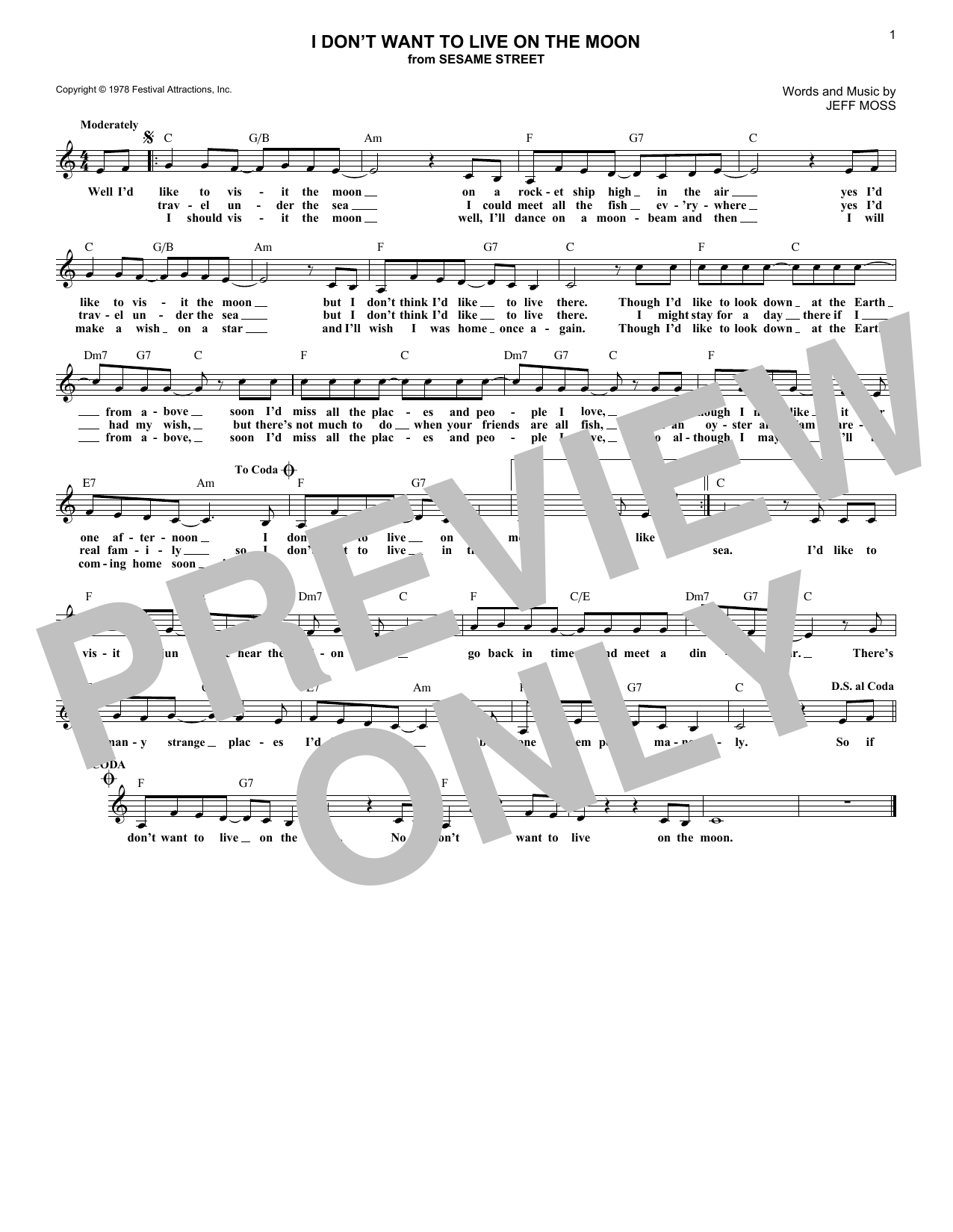 Download Jeff Moss I Don't Want To Live On The Moon (from Sheet Music