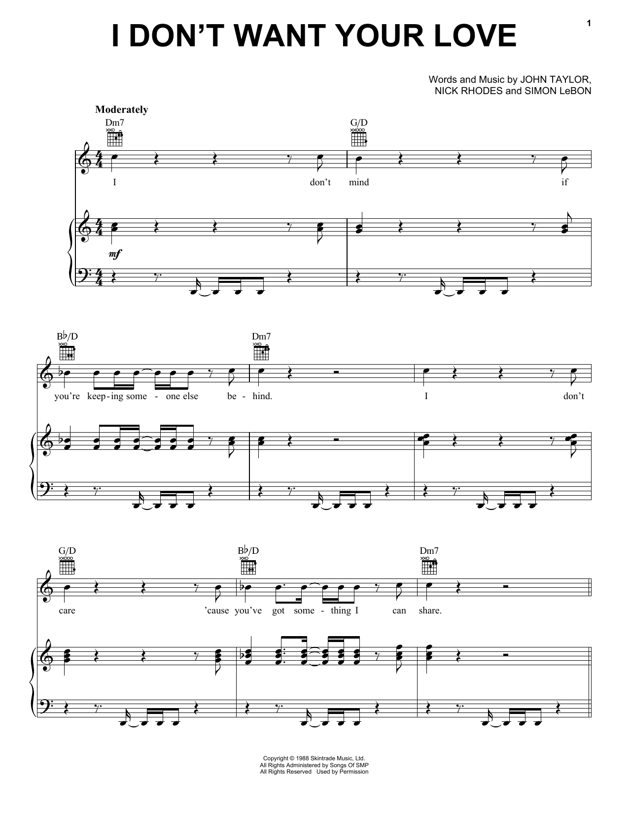 Download Duran Duran I Don't Want Your Love Sheet Music