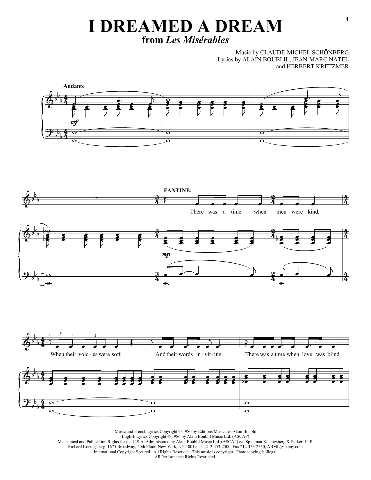 Download Boublil and Schonberg I Dreamed A Dream (from Les Miserables) Sheet Music