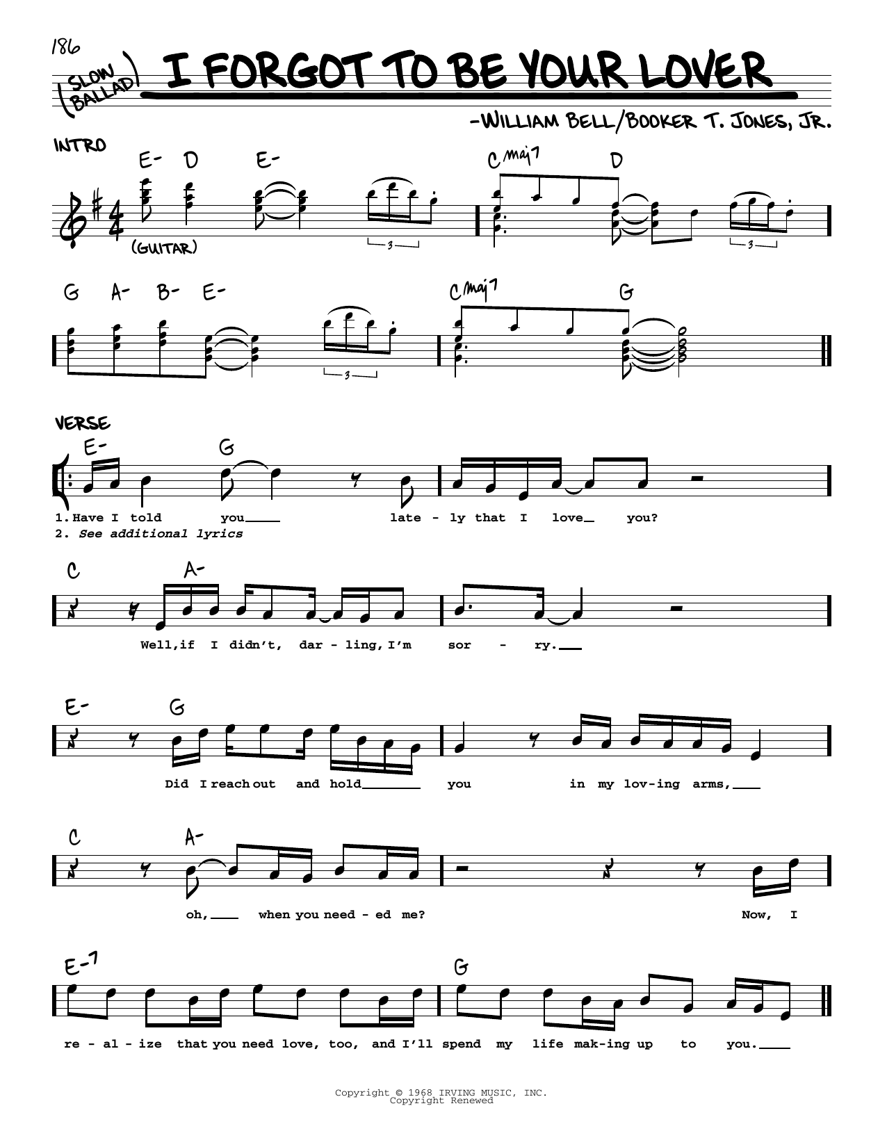 Download William Bell I Forgot To Be Your Lover Sheet Music