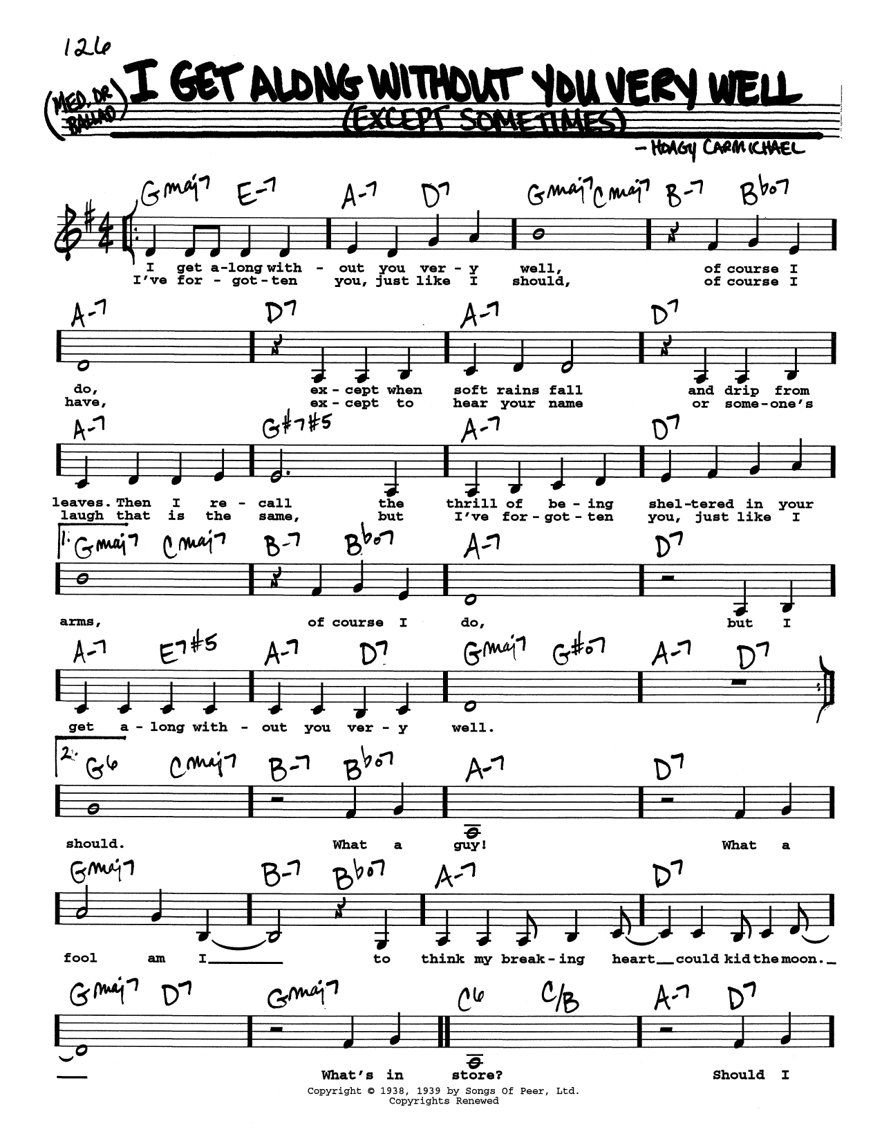 Hoagy Carmichael I Get Along Without You Very Well (Except Sometimes) (Low Voice) sheet music notes printable PDF score