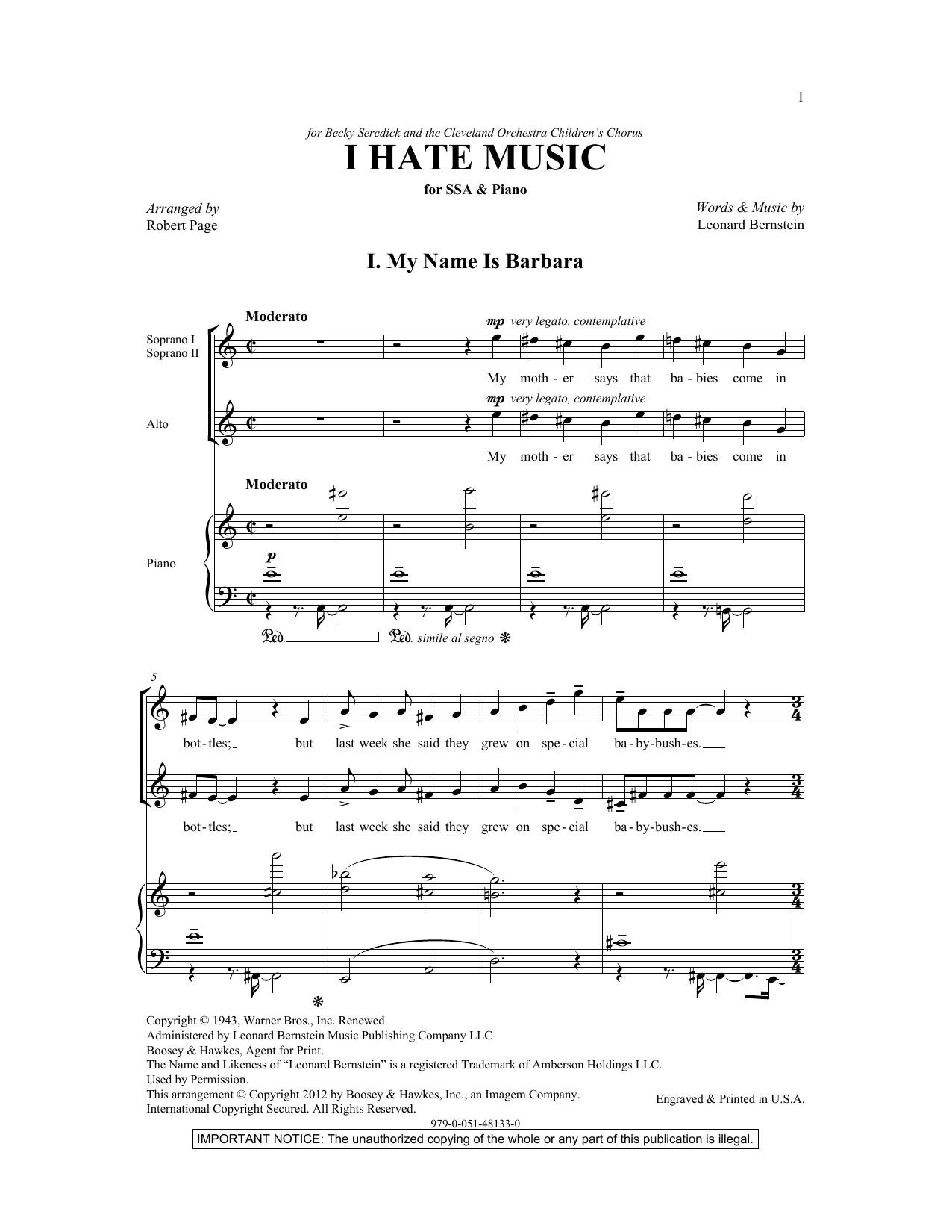 Download Leonard Bernstein I Hate Music (arr. Robert Page) Sheet Music