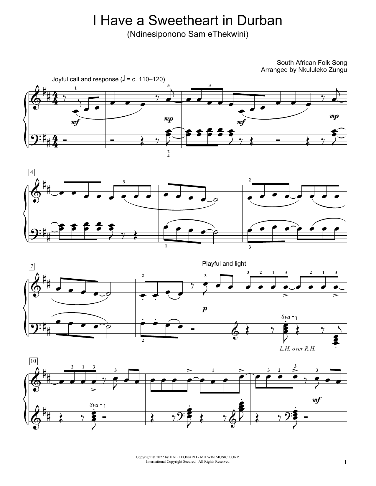 Download South African folk song I Have A Sweetheart In Durban (Ndinesip Sheet Music