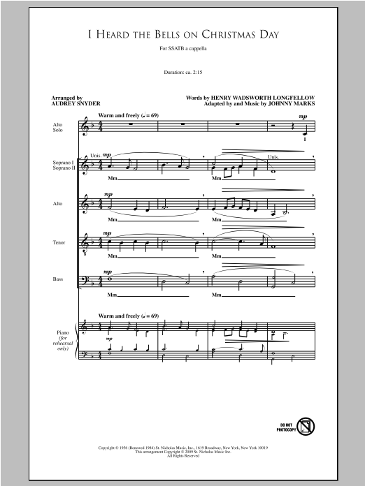 Download Audrey Snyder I Heard The Bells On Christmas Day Sheet Music
