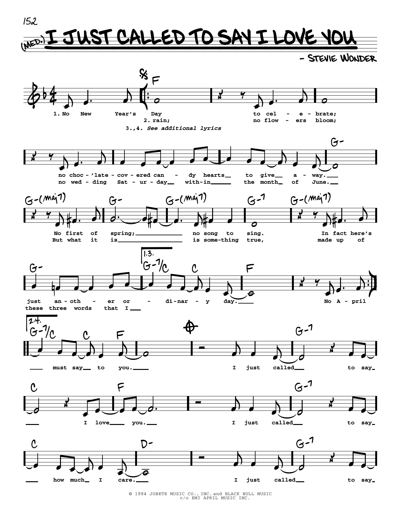Stevie Wonder I Just Called To Say I Love You (Low Voice) sheet music notes printable PDF score