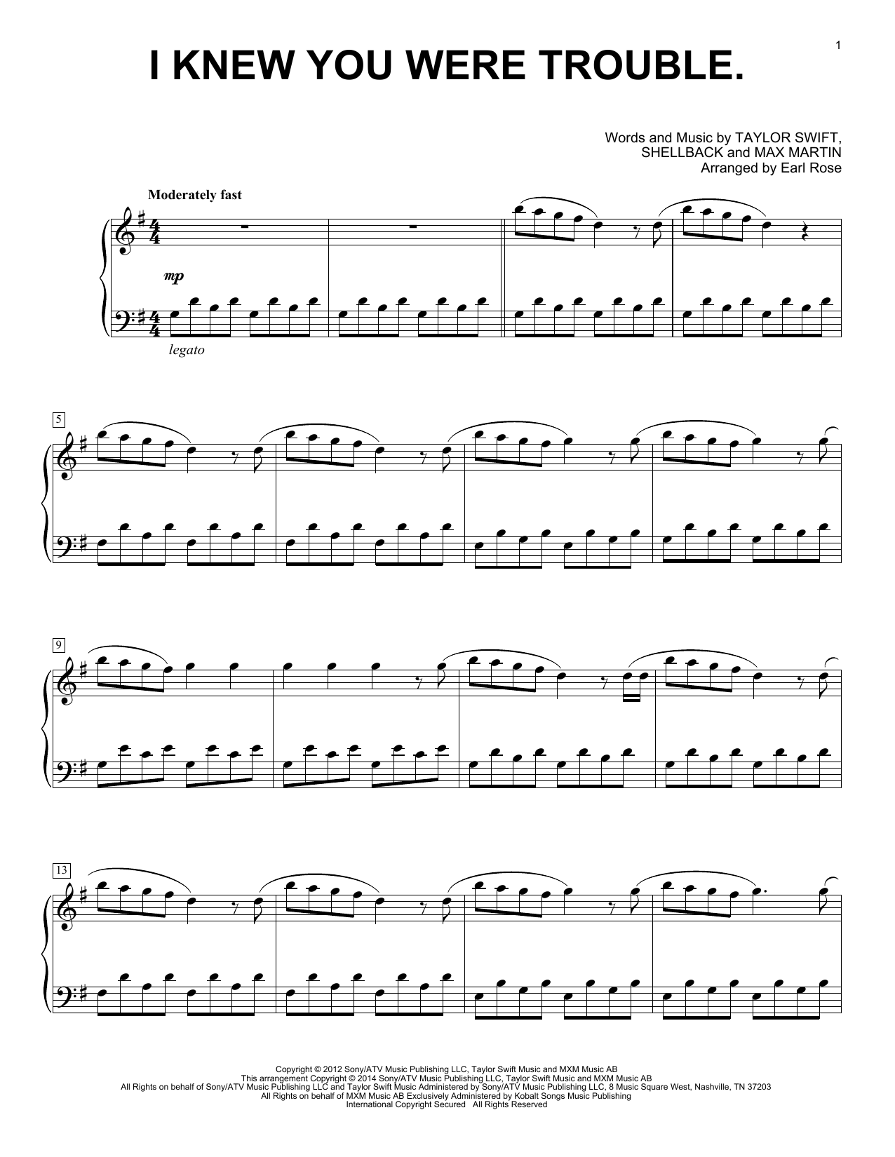Download Earl Rose I Knew You Were Trouble. Sheet Music