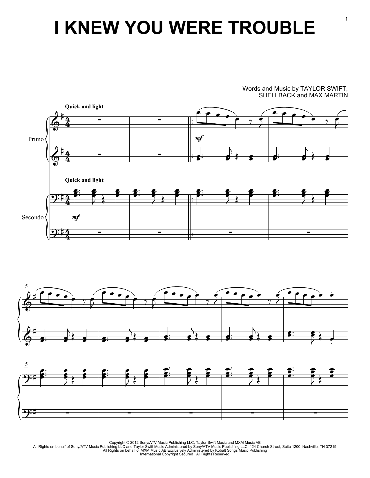 Download Taylor Swift I Knew You Were Trouble Sheet Music