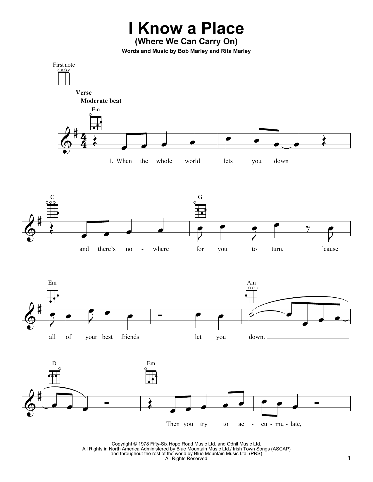 Download Bob Marley I Know A Place (Where We Can Carry On) Sheet Music